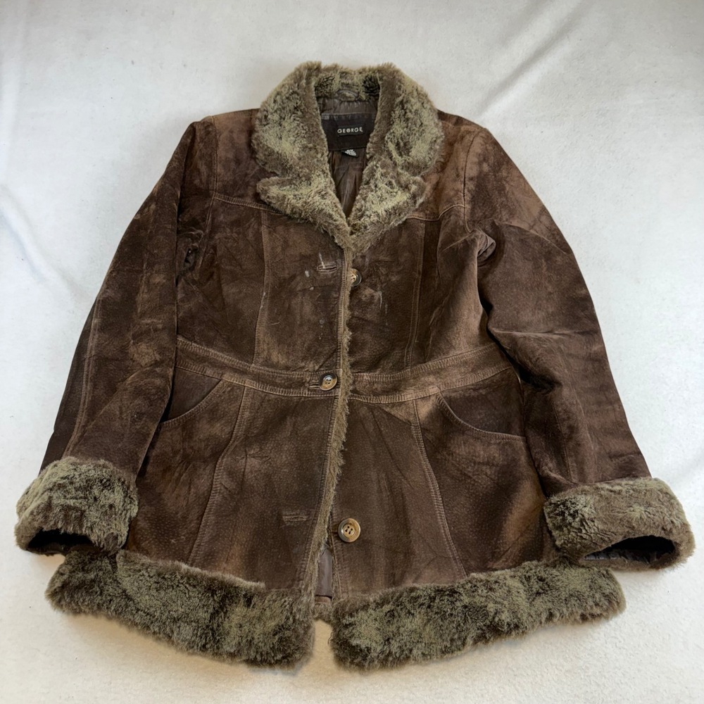 George Brown Suede Leather Penny Lane Afghan Coat Faux Fur Trim Medium